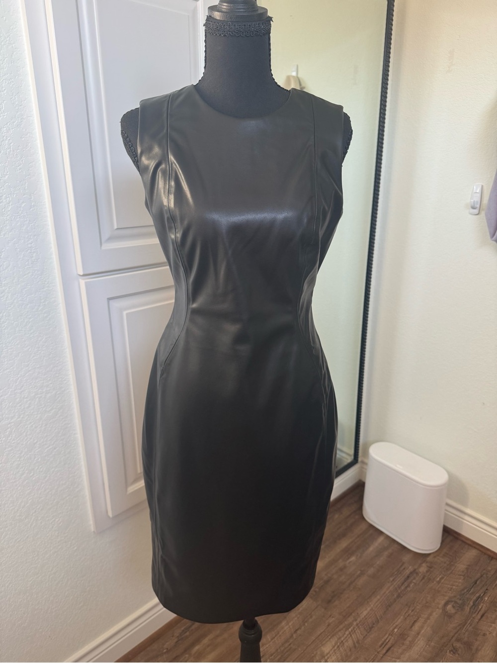 Calvin Klein Black Faux Leather Midi Sheath Dress